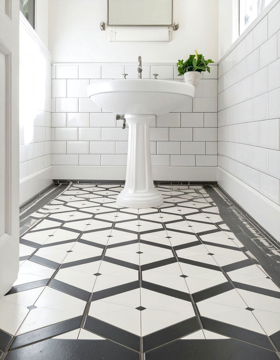 Black and White Hexagonal Tile Floor - 30 vintage bathroom ideas