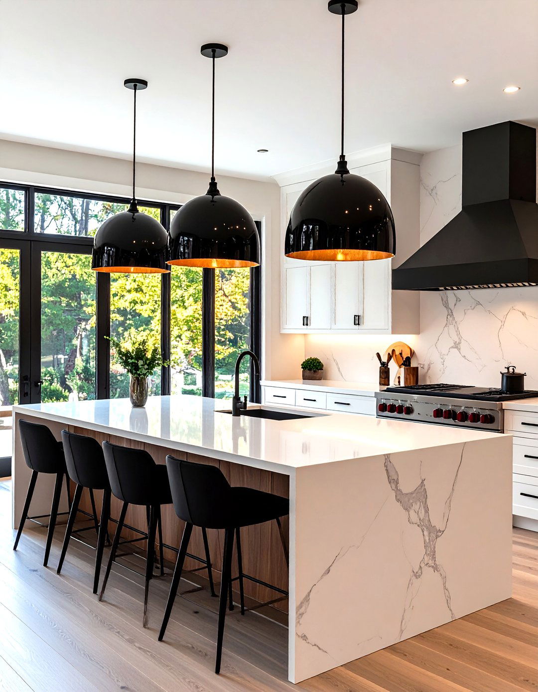 Black and White Kitchen with Contrasting Pendants - 30 kitchen island lighting ideas