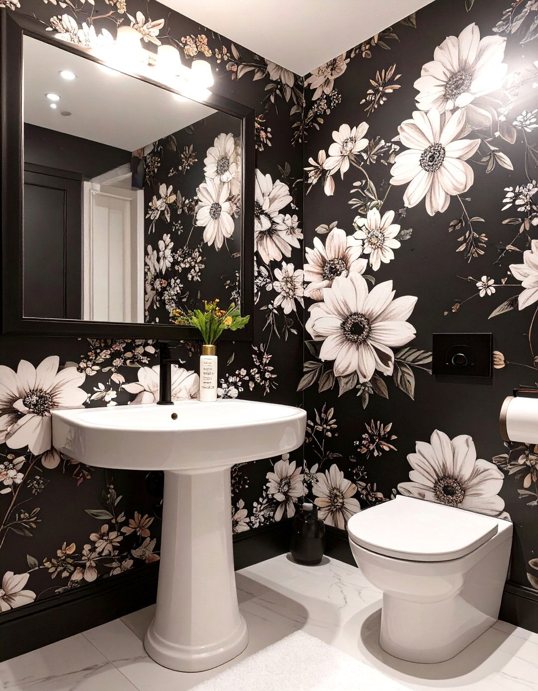 Black and White Powder Room with Bold Wallpaper - 30 black and white interior design ideas