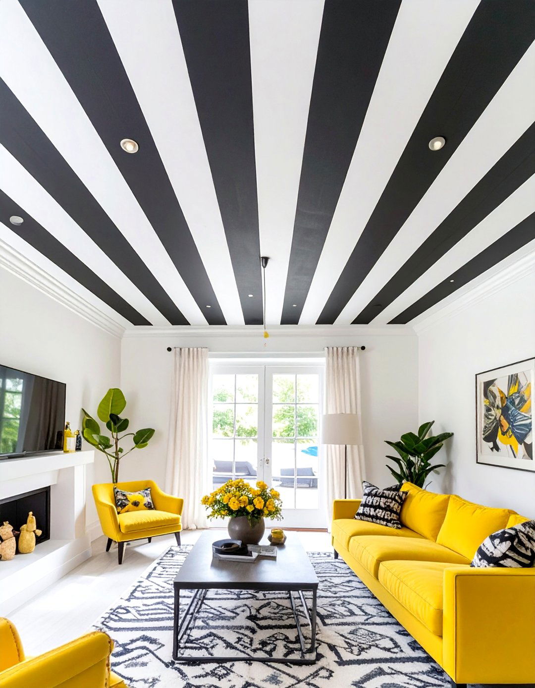 Black and White Striped Ceiling - 30 ceiling ideas for living room