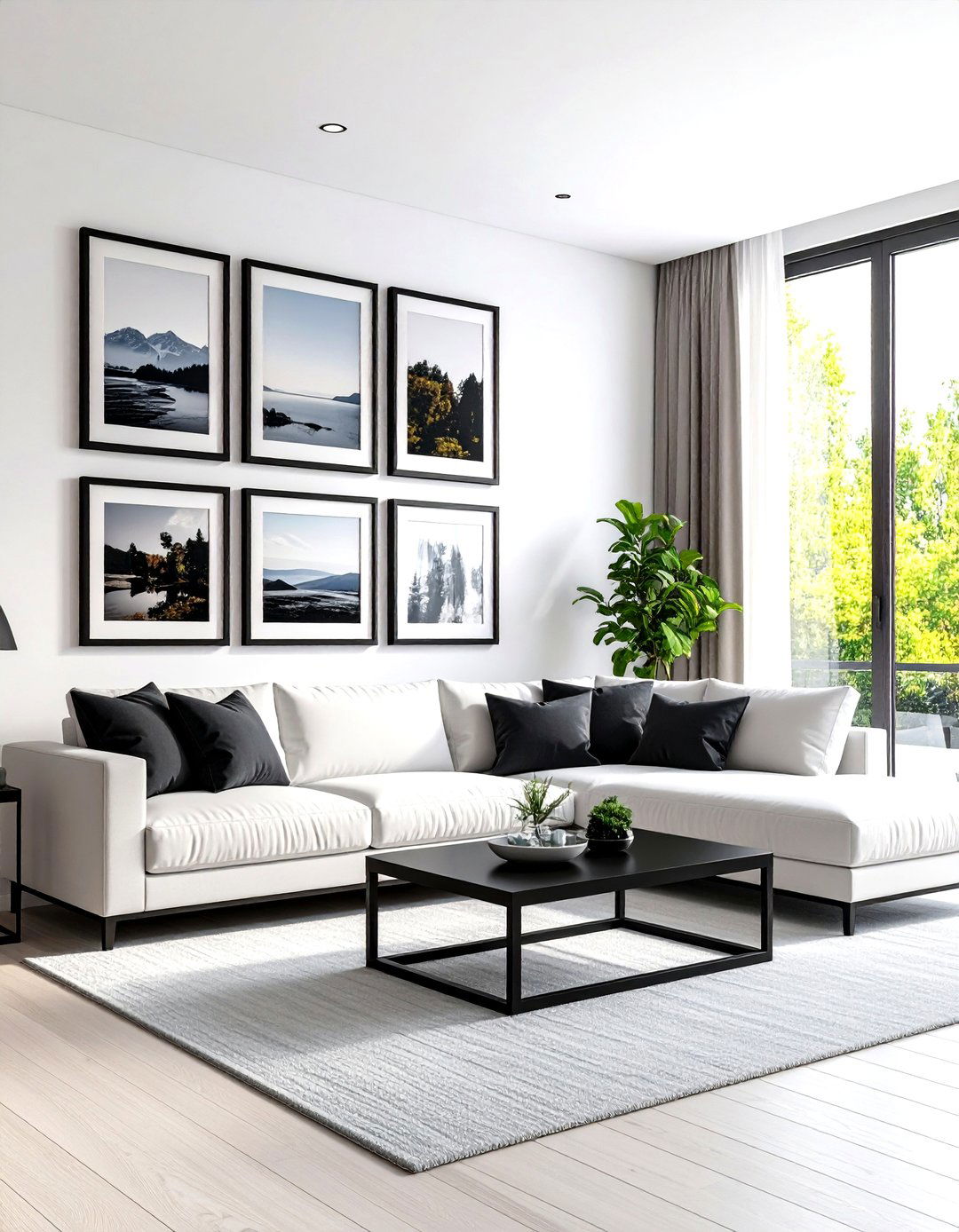 Black and White Themed Photo Wall - 30 living room photo wall ideas