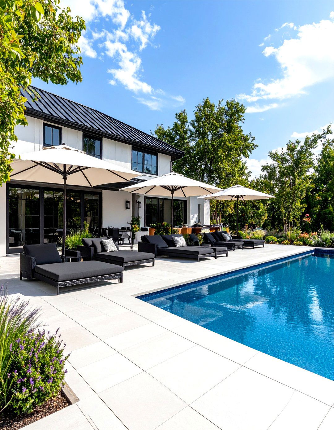Black and White Themed Pool Patio - 30 pool patio ideas