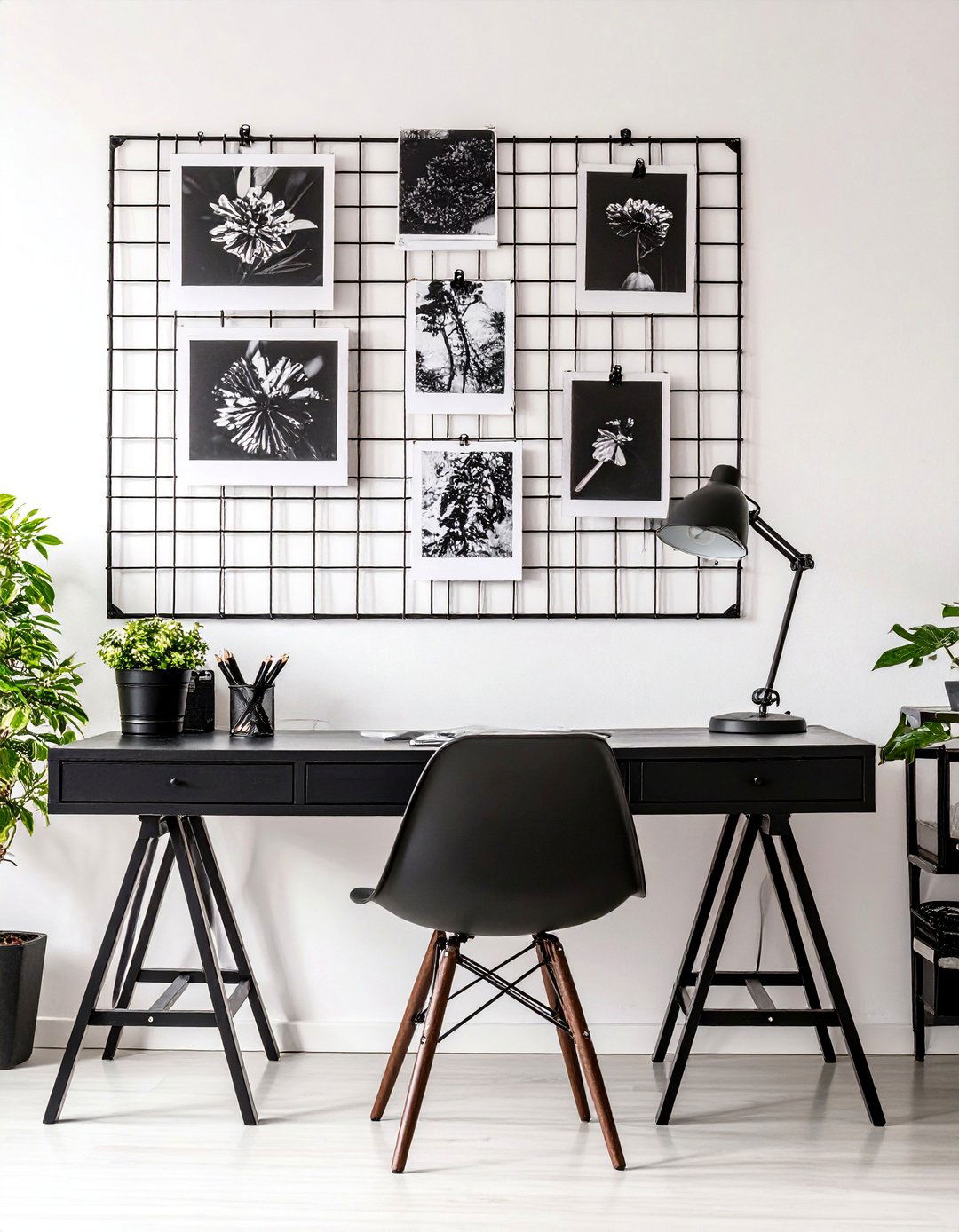 Black and White Workspace with Grid Mood Board - 30 black and white interior design ideas