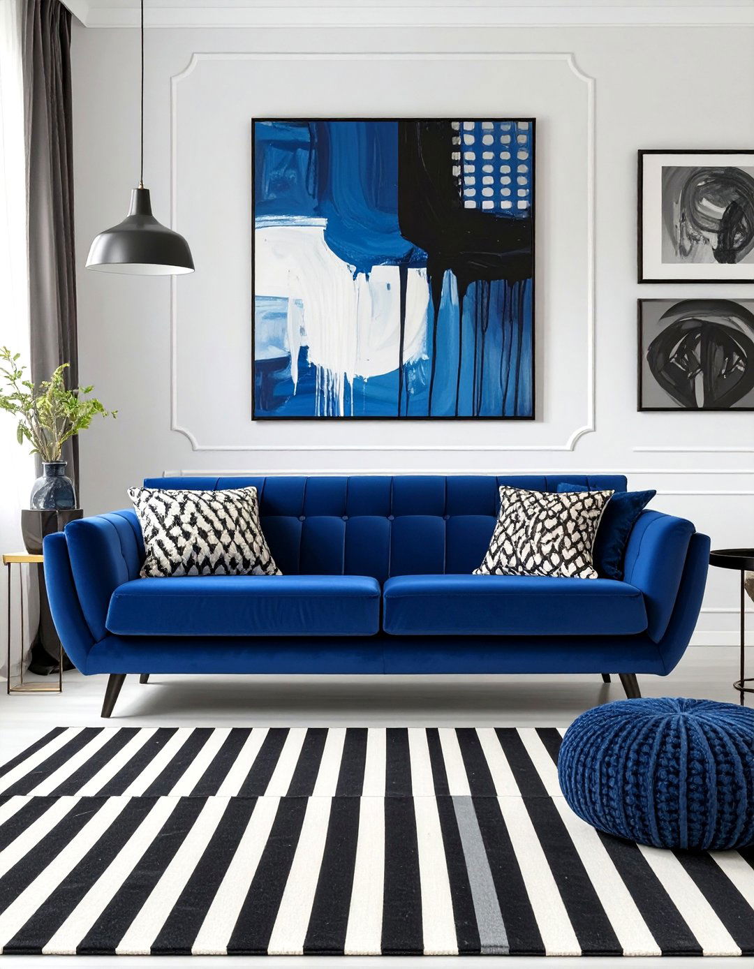 Black and White with Blue Living Room - 30 blue couch living room ideas