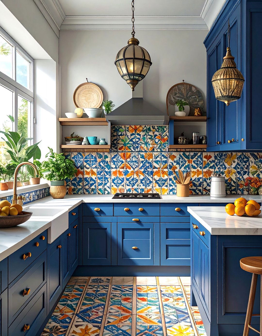 Blue Kitchen Cabinets with a Colorful Tile Backsplash - 30 blue kitchen cabinets ideas