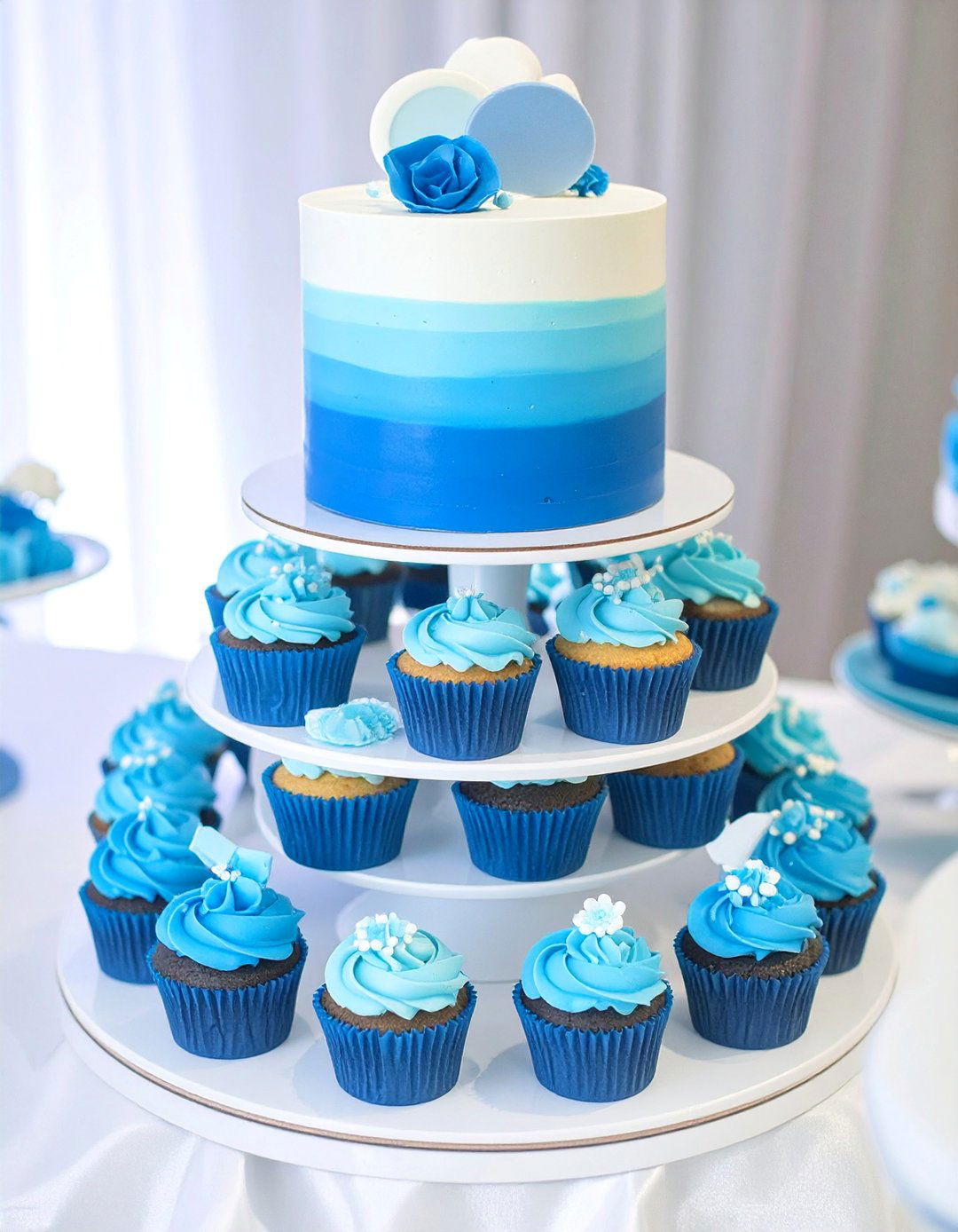 Blue Ombre Cake and Cupcakes - 30 baby shower food ideas boy