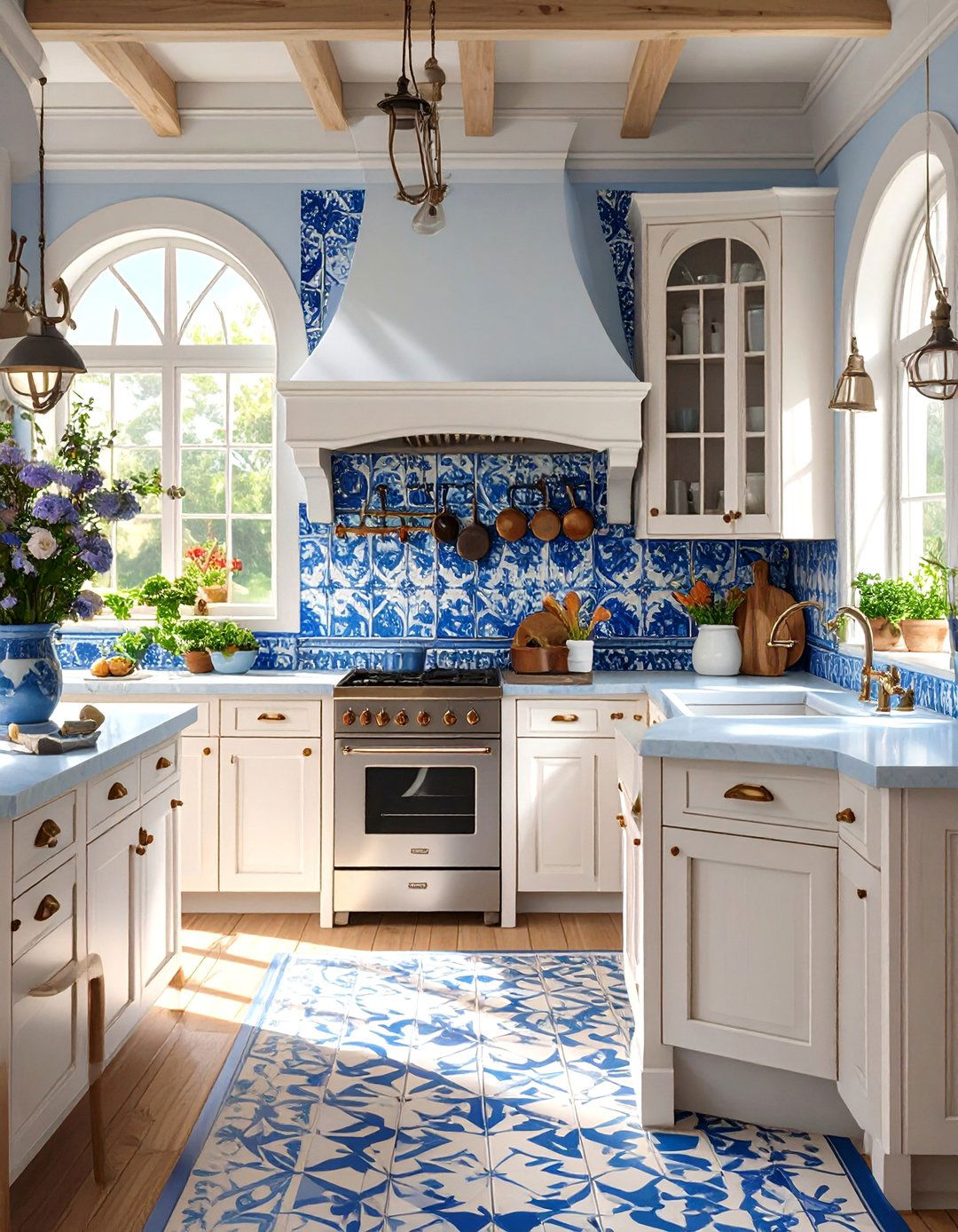 Blue and White Patterned Ceramic Backsplash - 30 backsplash ideas for white cabinets and quartz countertops