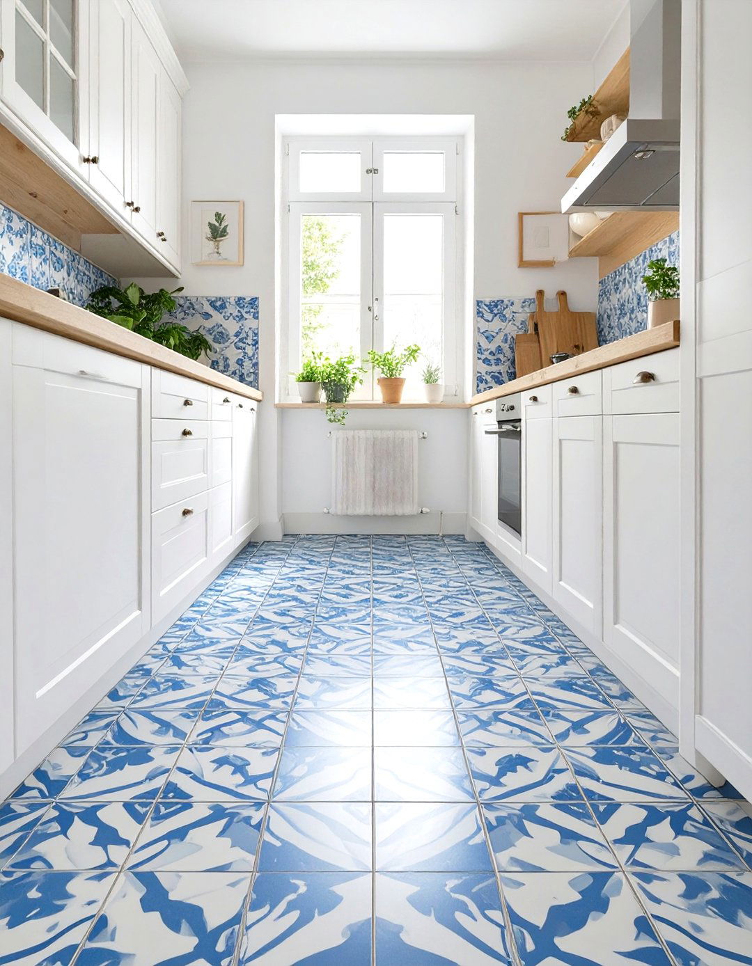 Blue and White Patterned Ceramic Kitchen Floor Tile - 30 small kitchen floor tile ideas