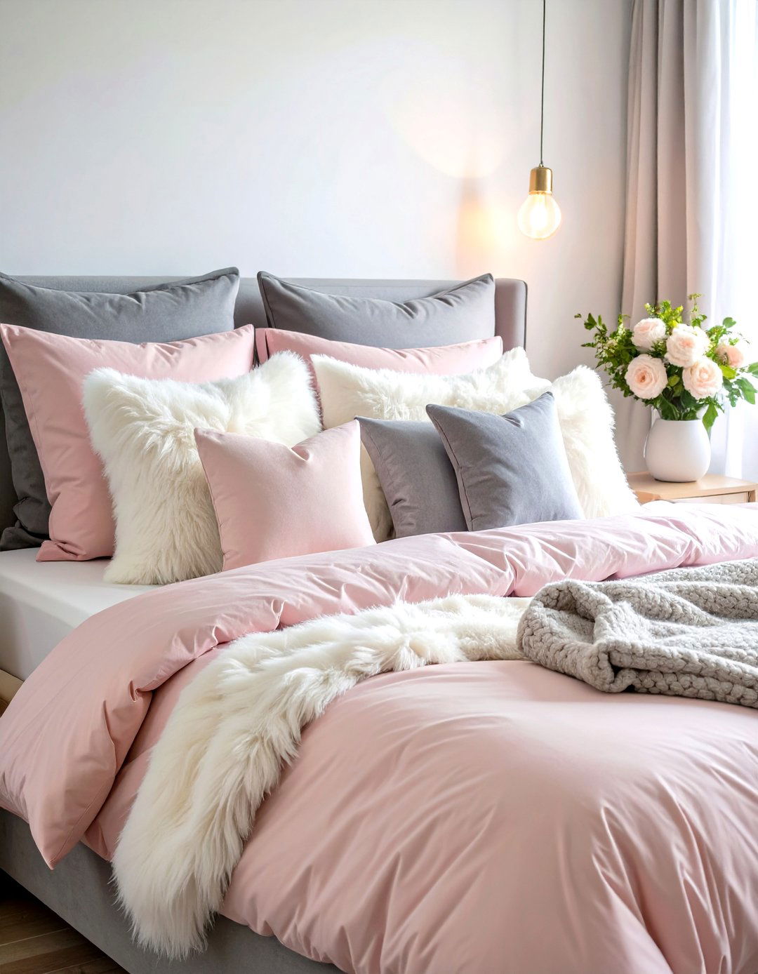 Blush Pink Comforter and Pillows - 30 pink dorm room ideas