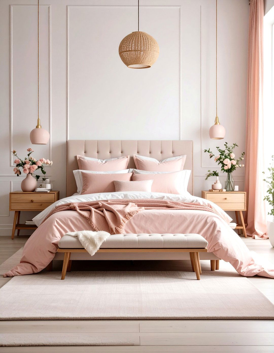 Blush Pink and Crisp White Walls - 30 pink bedroom ideas for adults