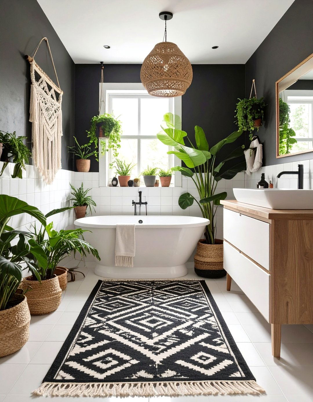 Bohemian Bathroom with Textiles and Plants - 30 black and white bathroom ideas