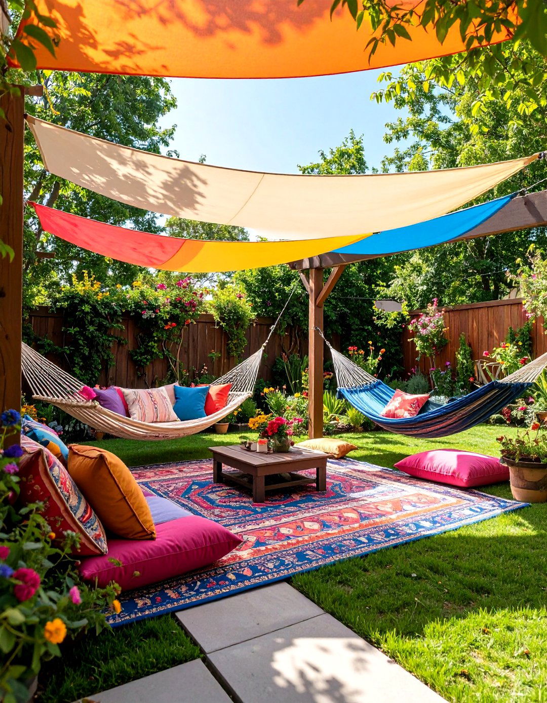Bohemian Chic Sail Shade Sanctuary - 30 backyard awning ideas