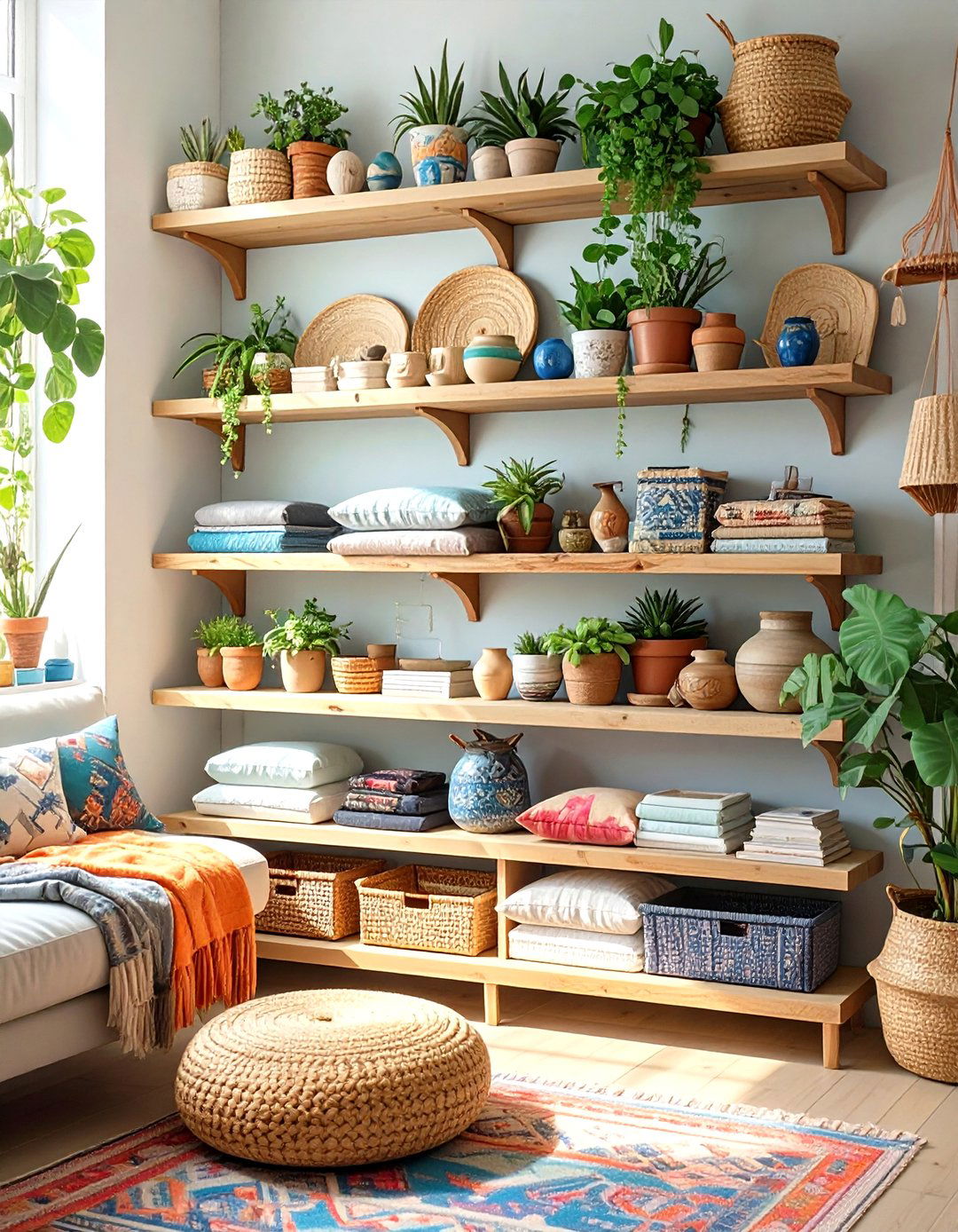 Bohemian Eclectic Layered Shelves - 30 floating shelves ideas living room
