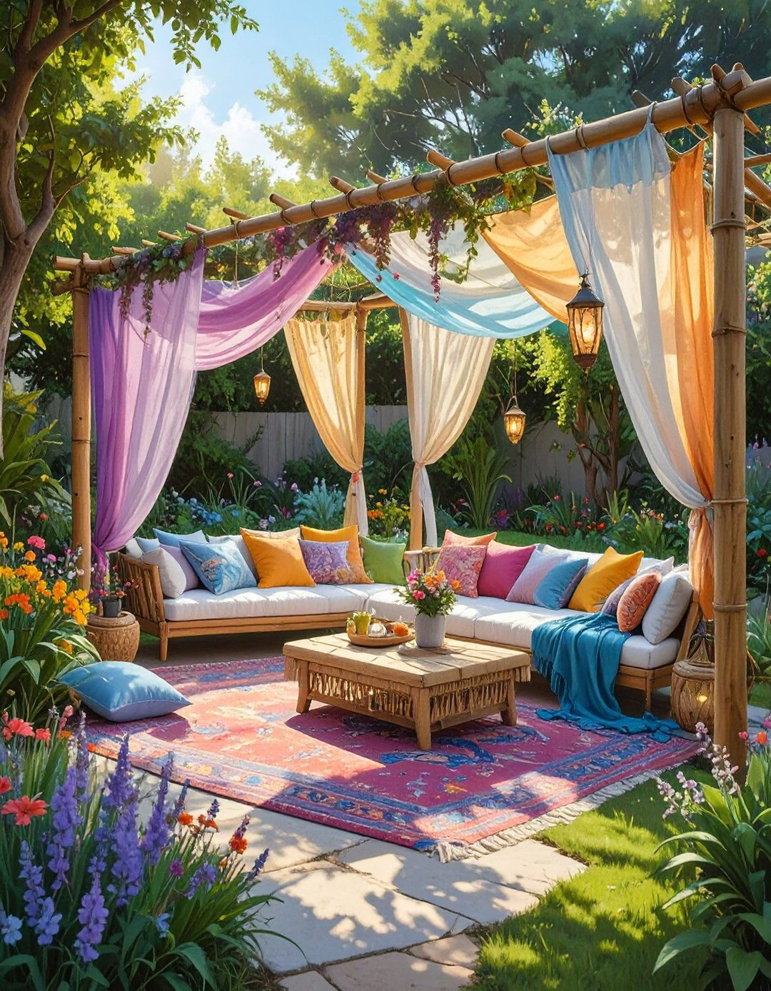 Bohemian Fabric Canopy Lounge - 30 budget diy backyard shade ideas