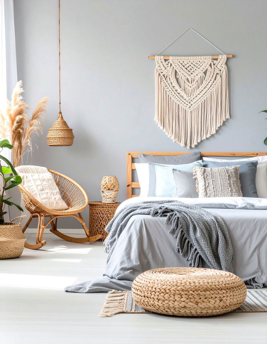 Bohemian Grey Bedroom with Woven Textures - 30 simple grey bedroom ideas