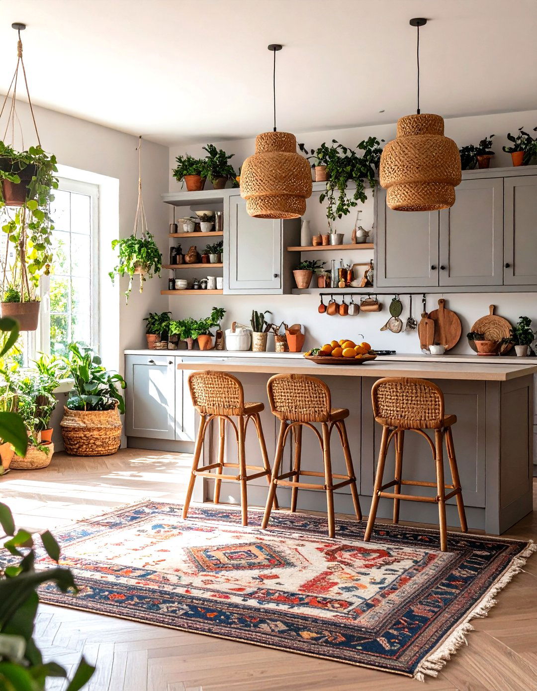Bohemian Grey Kitchen with Natural Textures - 30 grey kitchen cabinets ideas