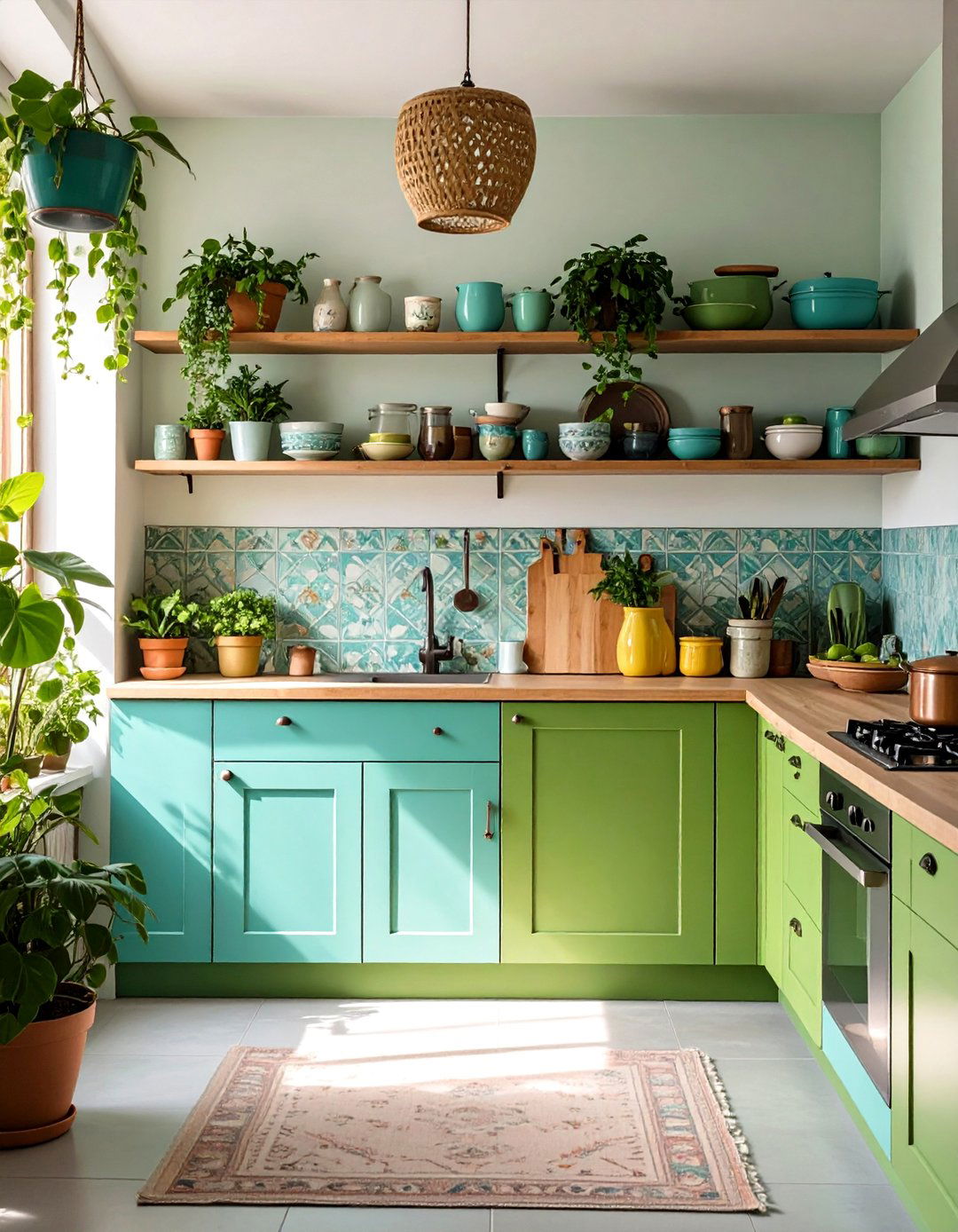 Bohemian Kitchen with Mismatched Green Cabinets - 30 green kitchen cabinets ideas