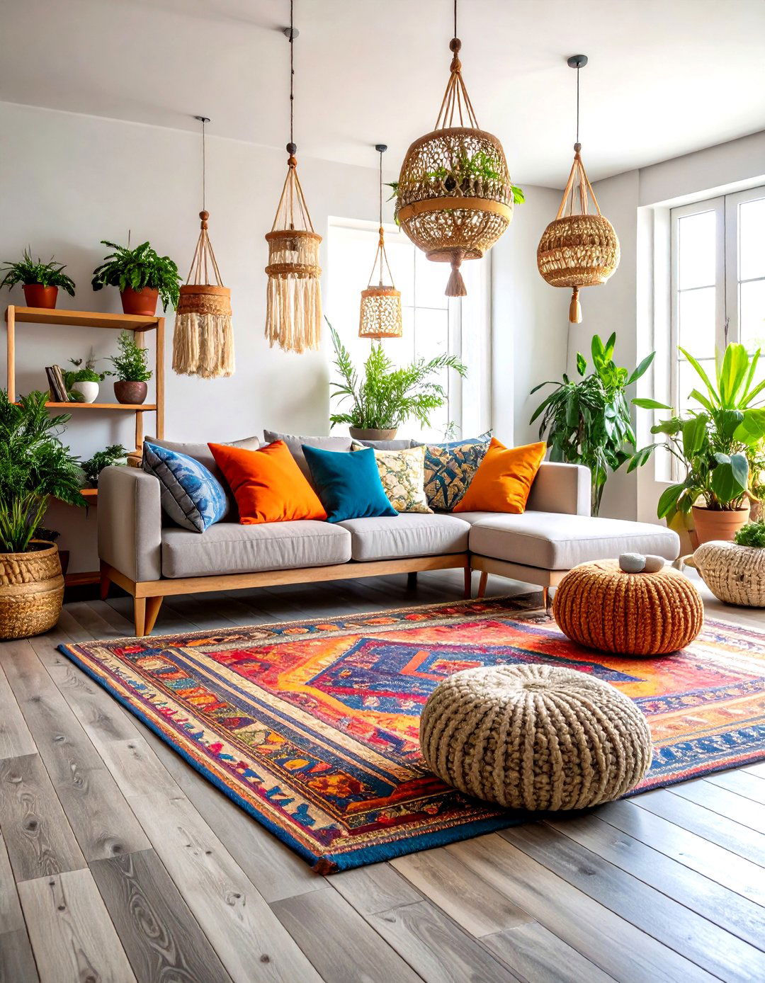 Bohemian Living Room with Distressed Grey Wood Floors - 30 grey flooring living room ideas