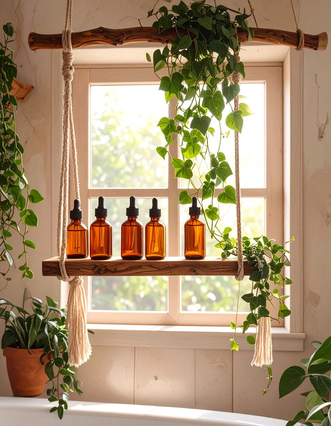 Bohemian Macrame Hanging Bathroom Shelves - 30 bathroom shelving ideas