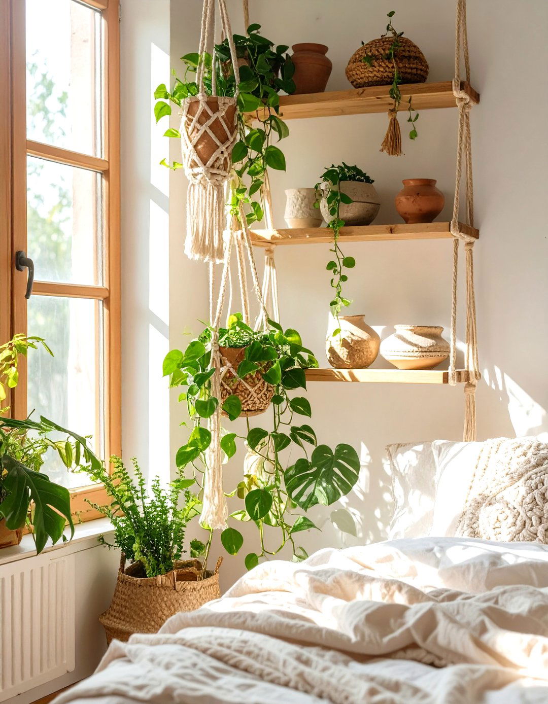 Bohemian Macrame Hanging Bedroom Shelves - 30 bedroom shelf ideas