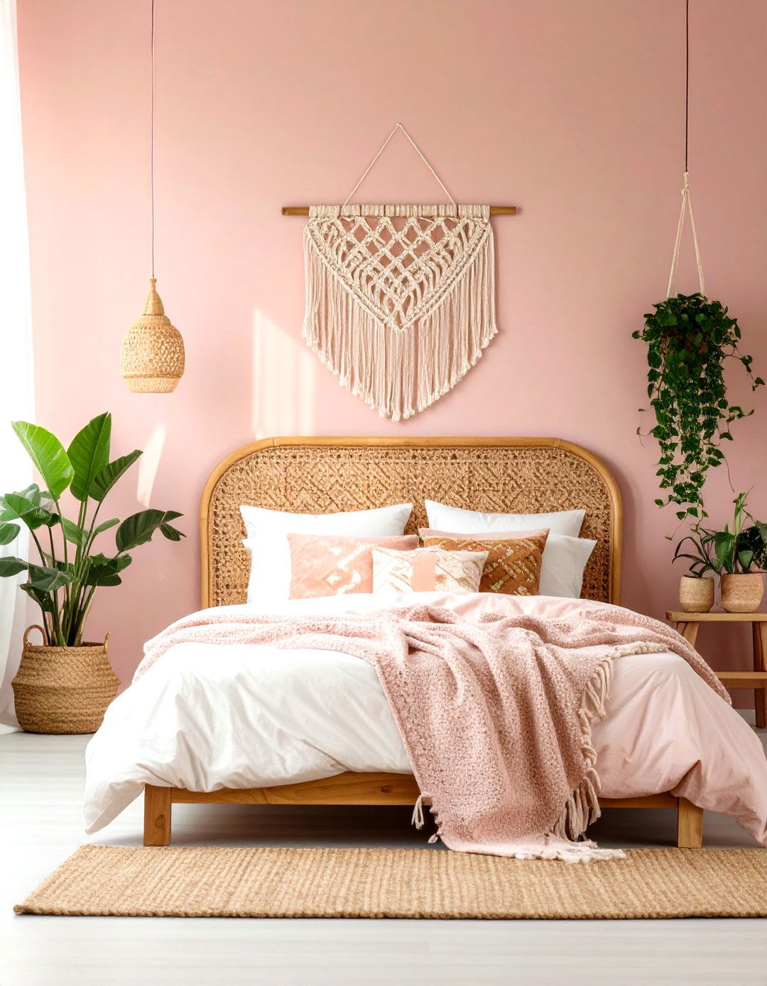 Bohemian Pink Bedroom with Rattan - 30 girls bedroom ideas pink