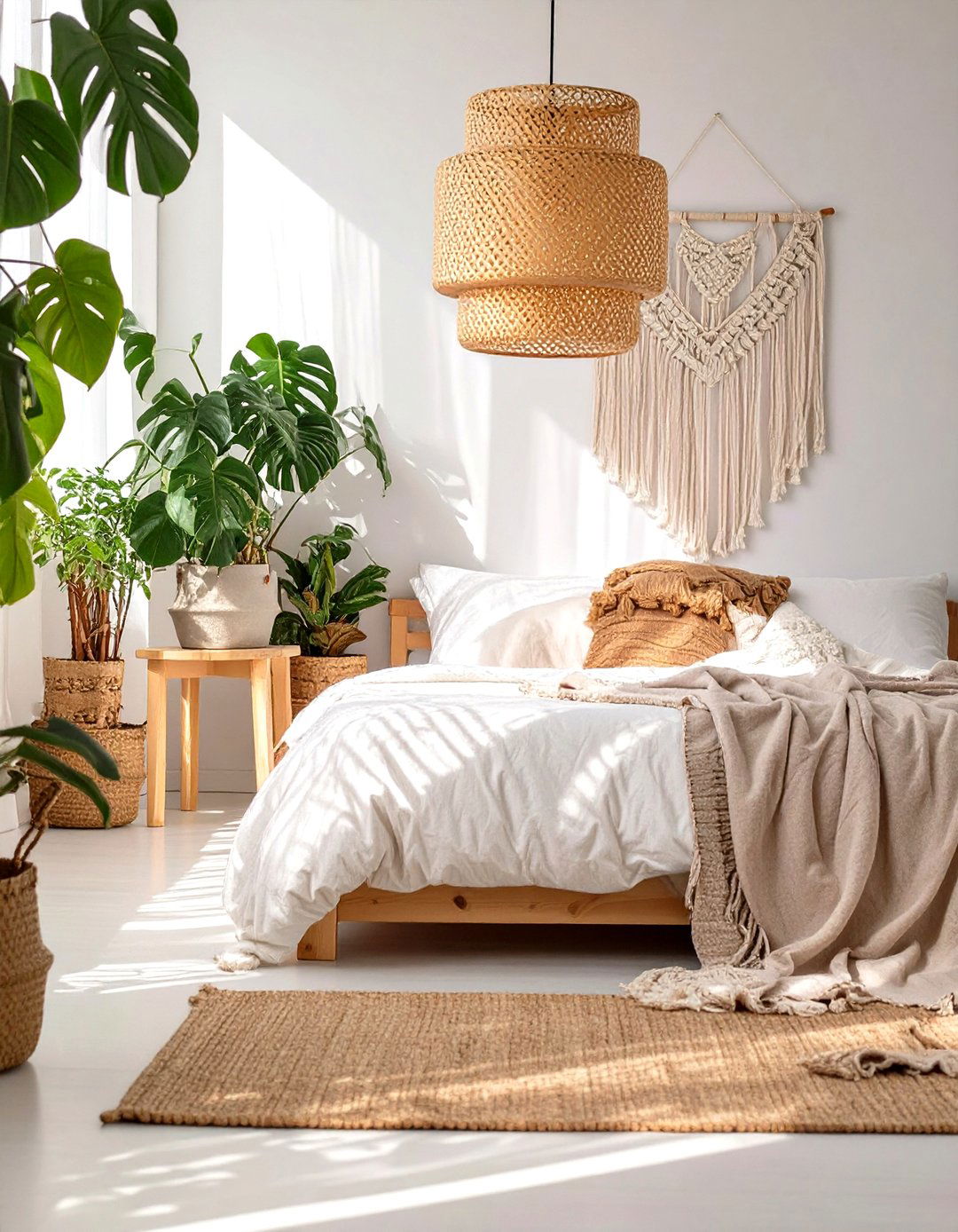 Bohemian Rattan Floor Lamp in a Natural Bedroom - 30 floor lamps for bedroom ideas