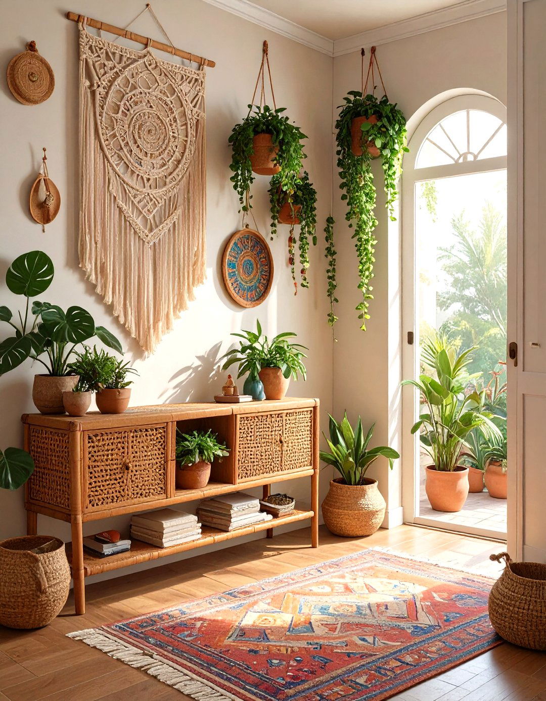 Bohemian Rattan Storage Console - 30 hallway storage ideas