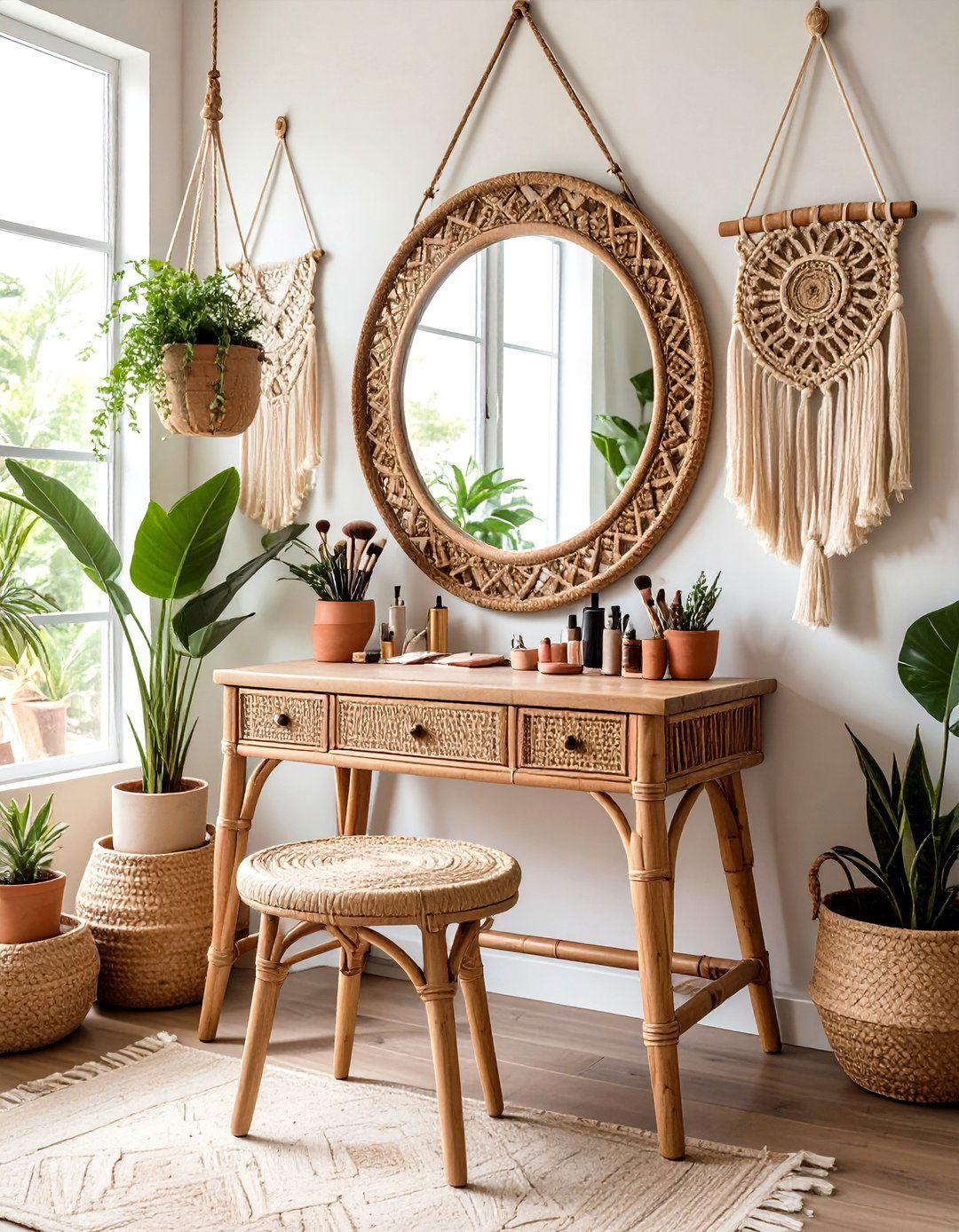 Bohemian Rattan Vanity Corner - 30 diy vanity ideas