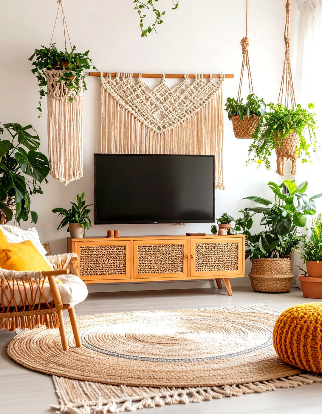Bohemian Rhapsody with Macrame and Plants - 30 living room tv wall ideas