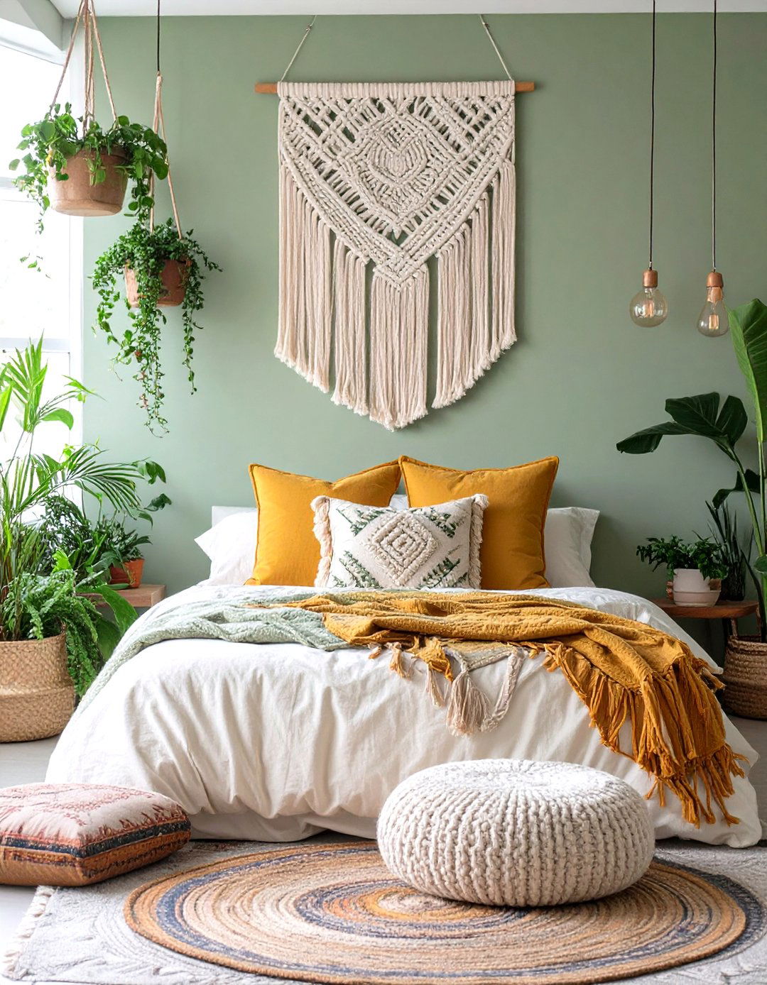 Bohemian Sage Green Bedroom with Macrame - 30 modern sage green bedroom ideas