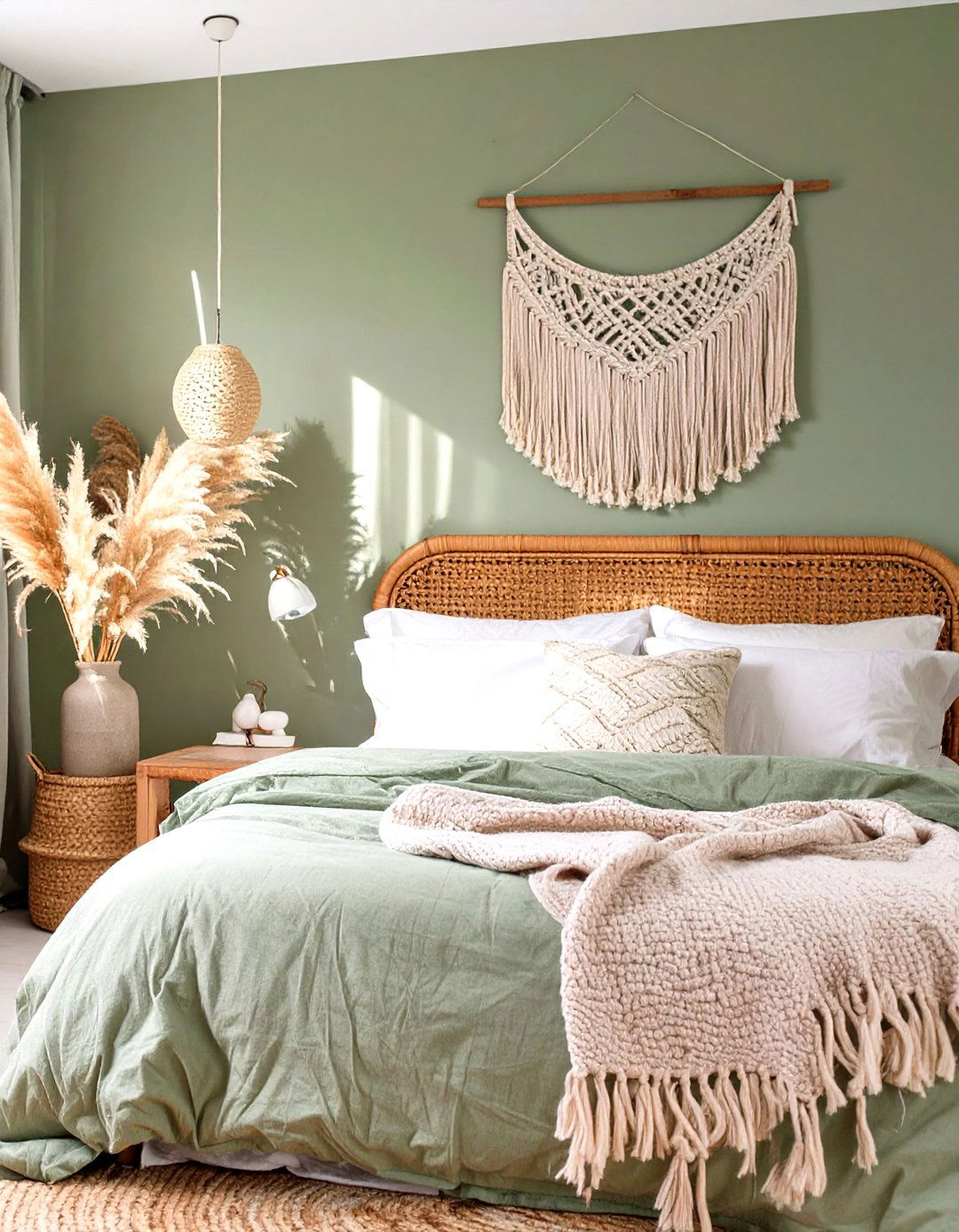 Bohemian Sage Green Bedroom with Rattan - 30 sage green bedroom ideas
