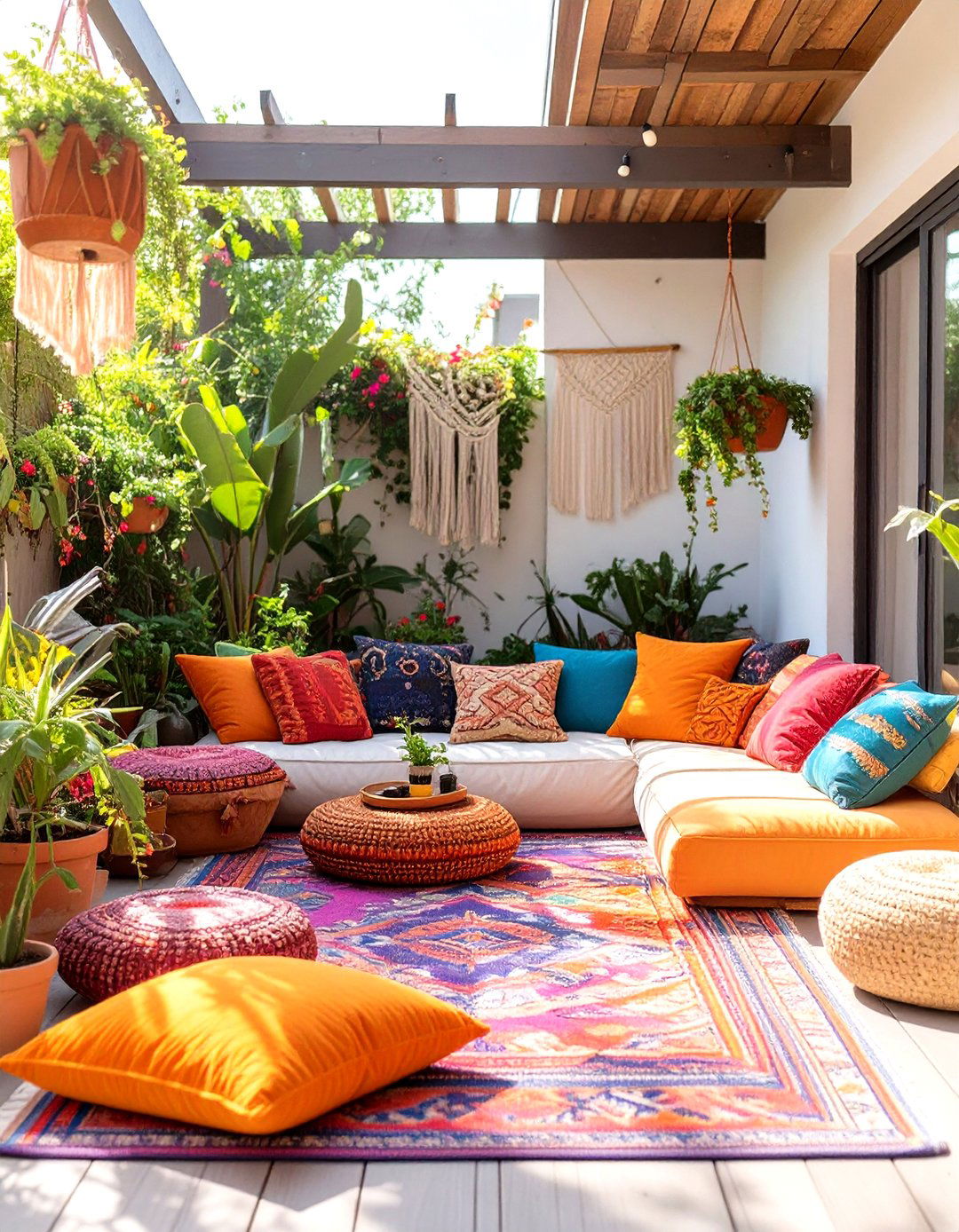Bohemian Style Patio with Mixed Textiles - 30 outdoor living space ideas