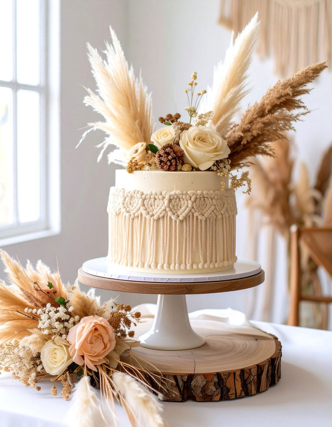 Boho Chic Macrame and Pampas Grass Cake - 30 baby shower cake ideas