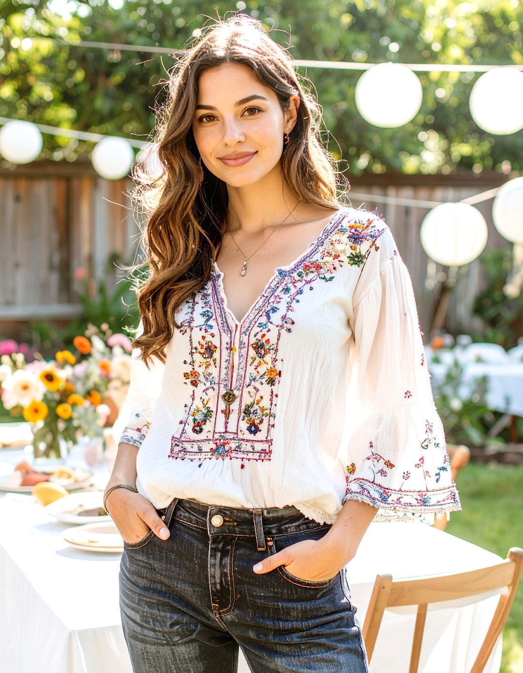 Boho Peasant Blouse and Jeans - 30 baby shower outfit ideas