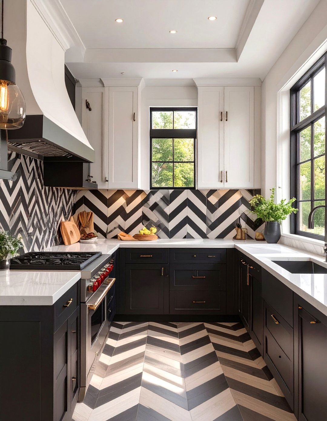 Bold Black and White Contrast - 30 backsplash ideas for dark cabinets and light countertops