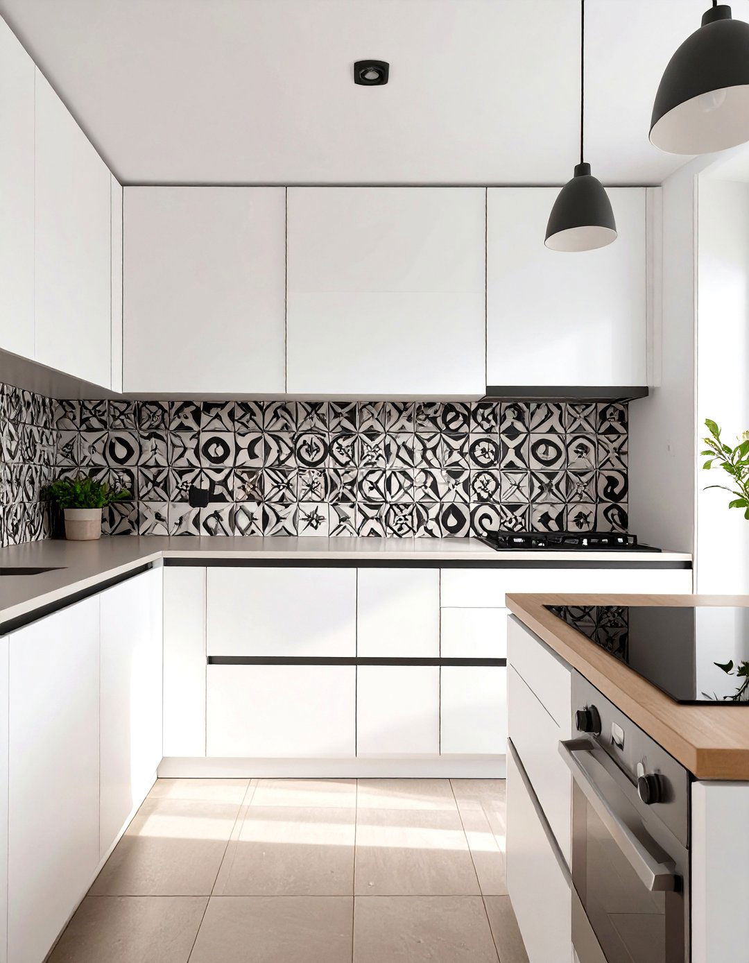 Bold Black and White Patterned Backsplash - 30 white cabinet kitchen backsplash ideas