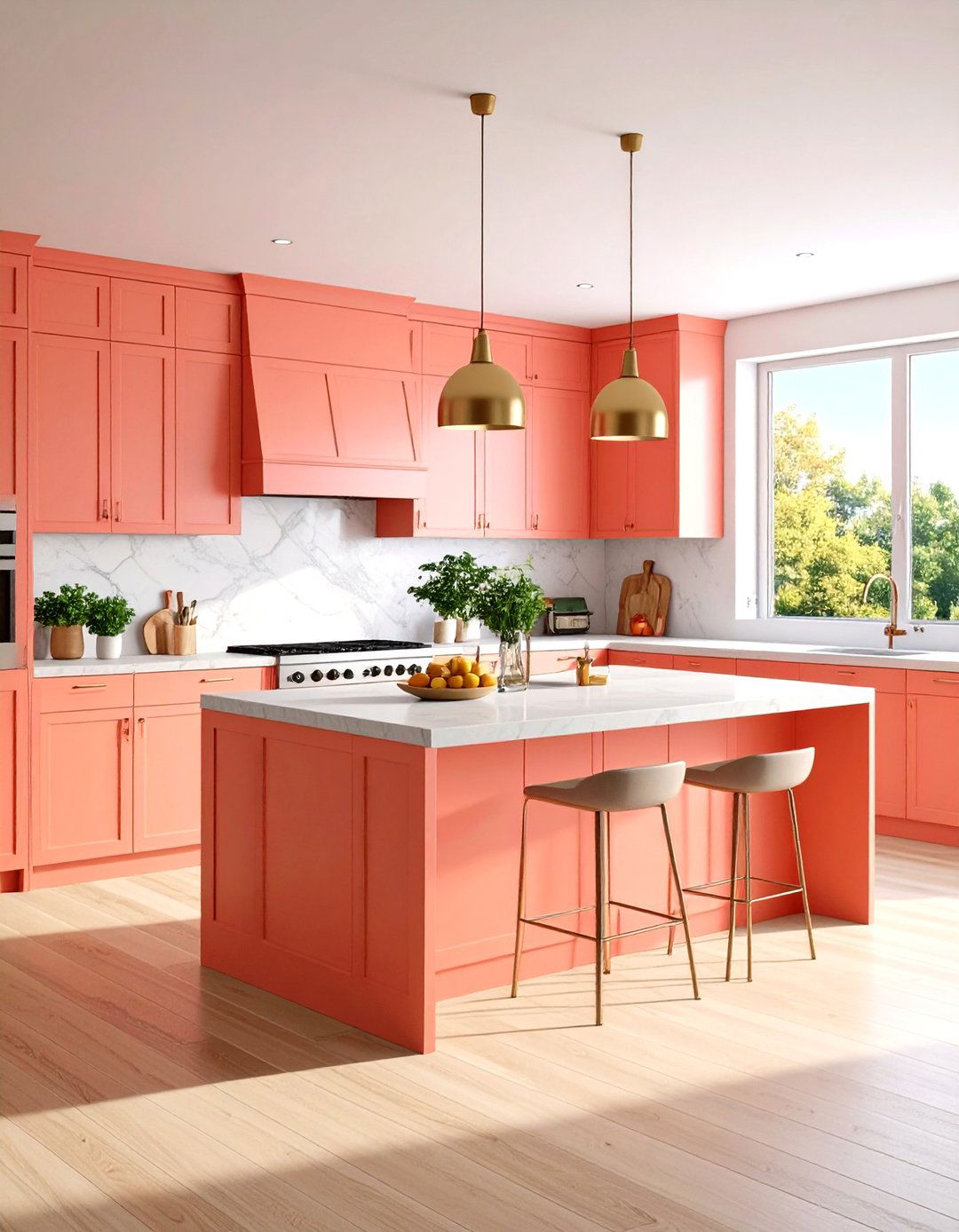 Bold Coral Kitchen Island - 30 kitchen painting ideas