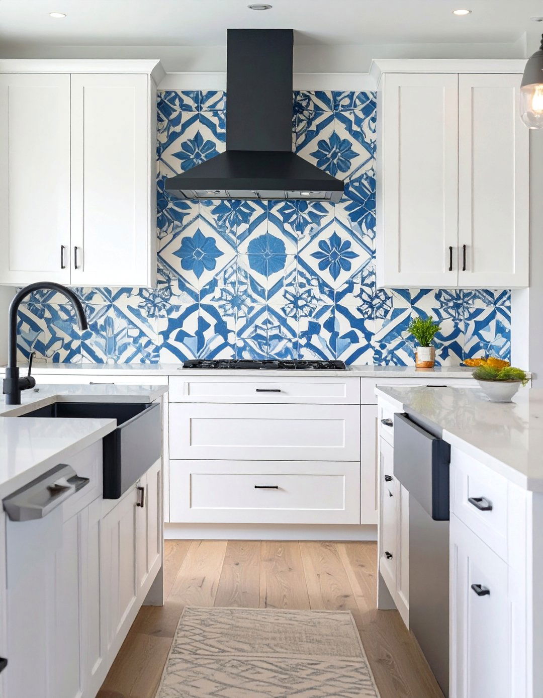 Bold Geometric Cement Tile Backsplash - 30 backsplash ideas for white cabinets and quartz countertops