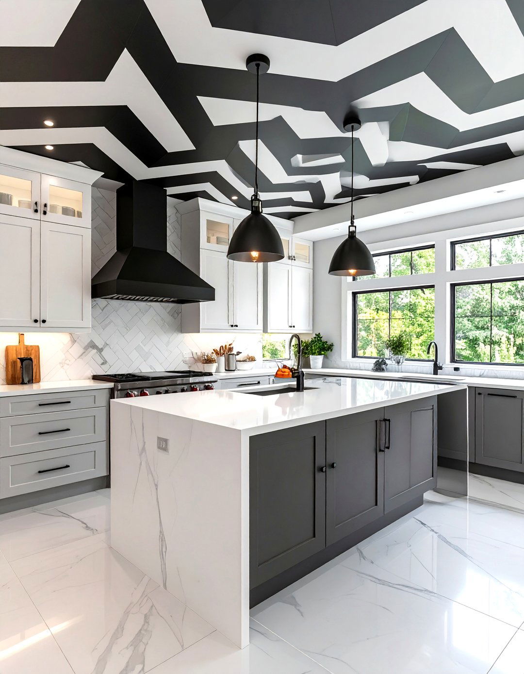 30 Kitchen Ceiling Ideas to Add Style to Your Interior - We Love Home Blog - Geometric Patterned Kitchen Cabinets