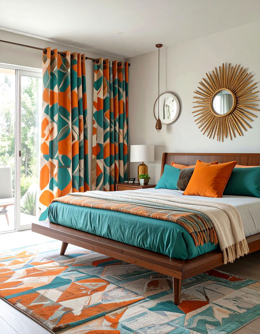 Bold Geometric Print Curtains in a Mid Century Bedroom - 30 curtain ideas for bedroom