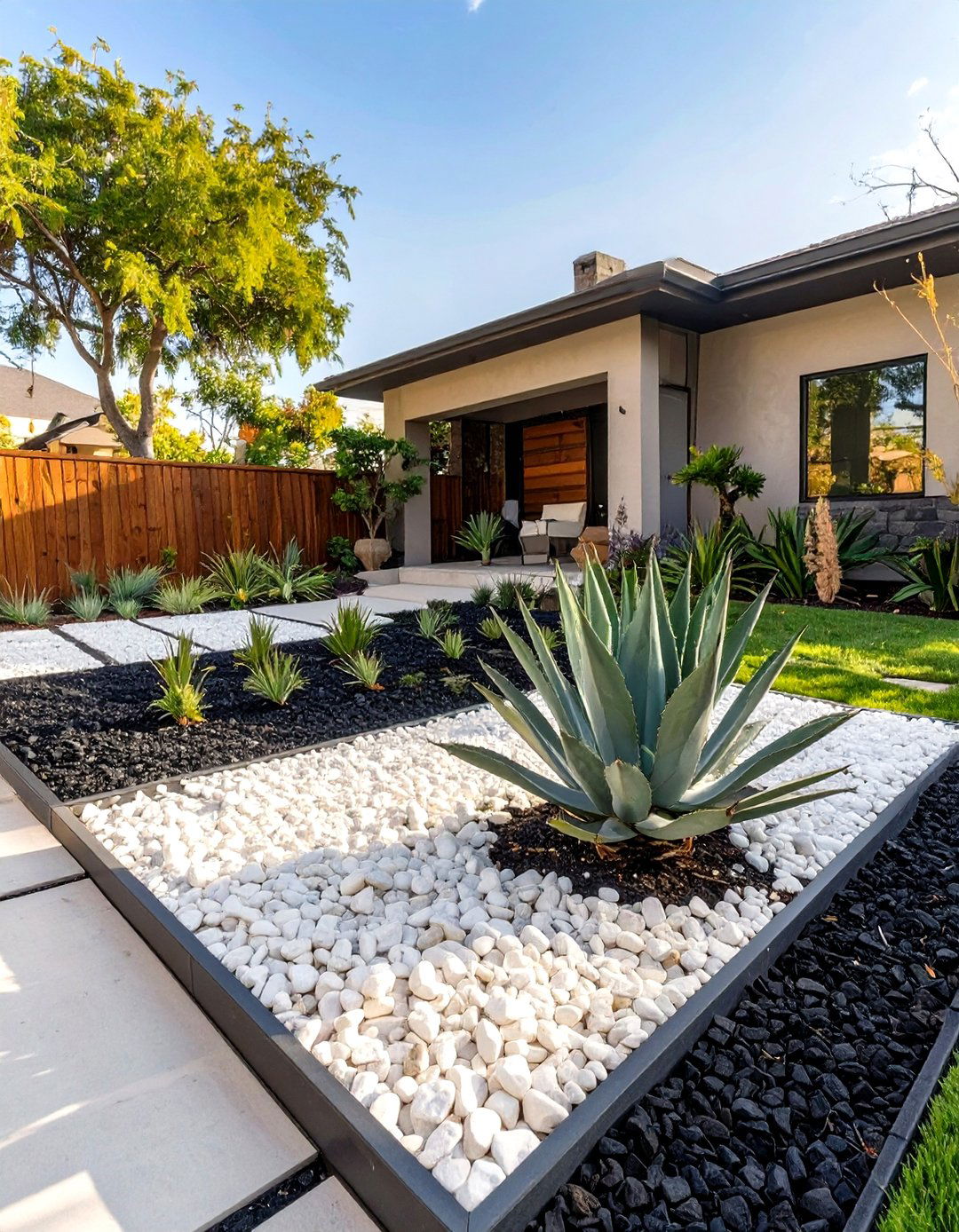 Bold Geometry with Contrasting Mulch and Rock - 30 low maintenance front yard landscaping ideas with rocks and mulch