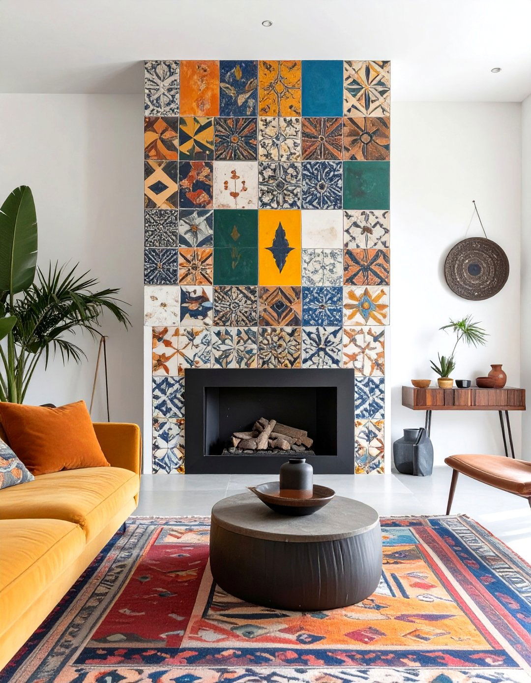 Bold Patterned Cement Tile - 30 modern fireplace accent wall ideas