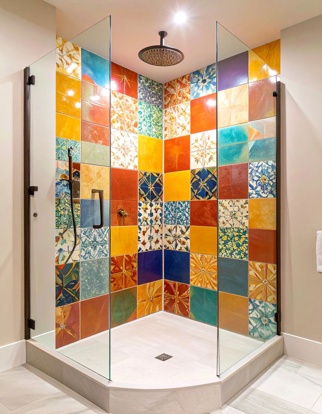 Bold Patterned Tile Accent Wall Shower - 30 corner shower ideas