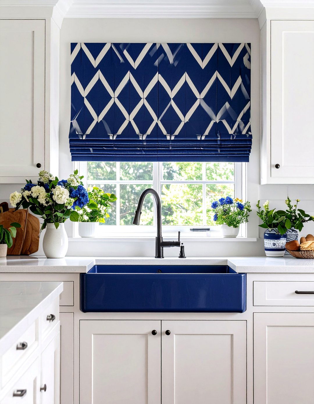 Bold Statement with a Geometric Roman Shade - 30 kitchen curtain ideas above sink