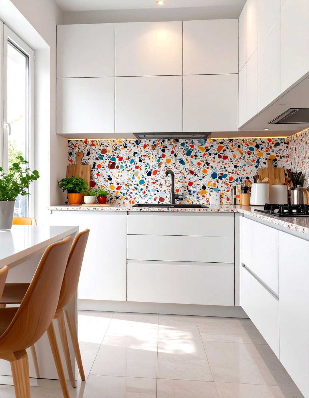Bold Terrazzo Backsplash - 30 white cabinet kitchen backsplash ideas