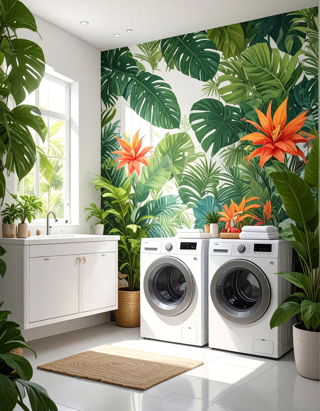 Bold Wallpaper Accent Wall - 30 combination small bathroom and laundry room combo designs