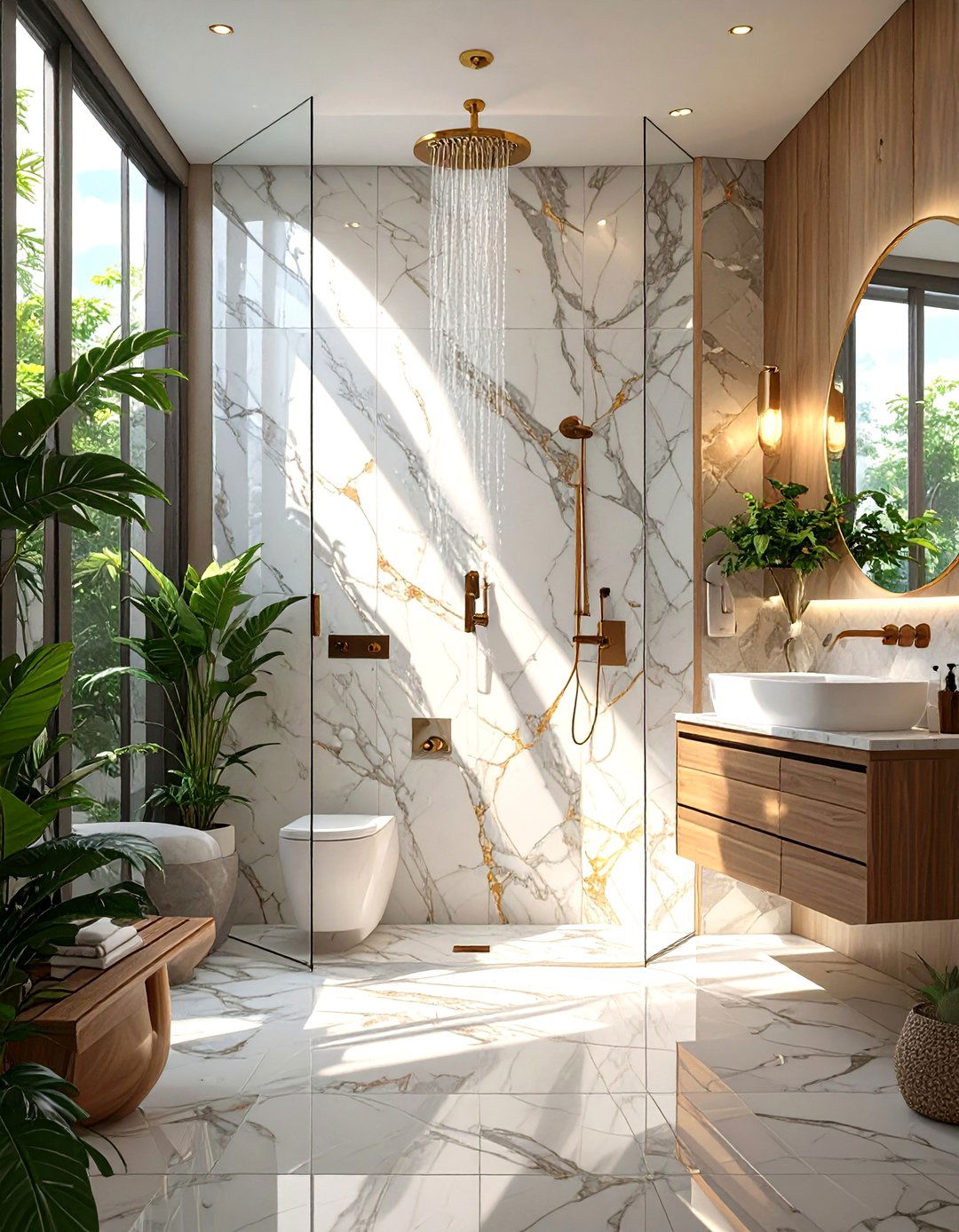 Bookmatched Marble Slab Shower Surround - 30 shower surround ideas