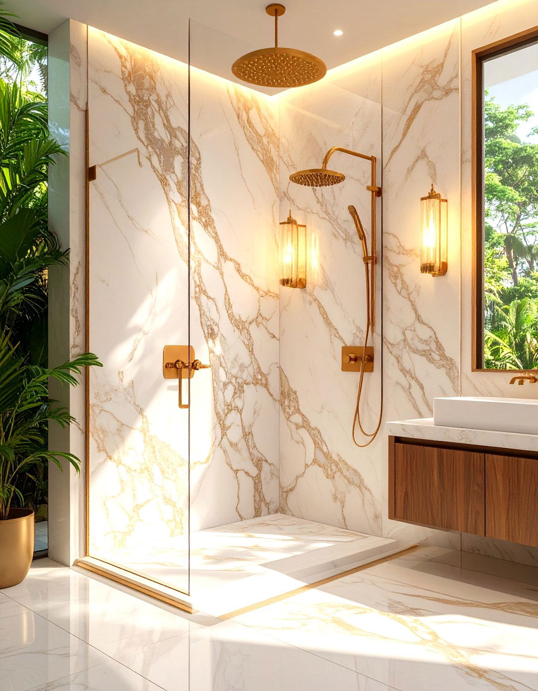 Bookmatched Marble Slab Shower - 30 large tile shower ideas