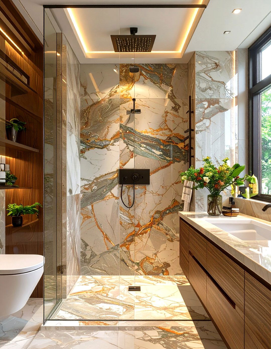 Bookmatched Marble Slabs - 30 bathroom accent wall ideas