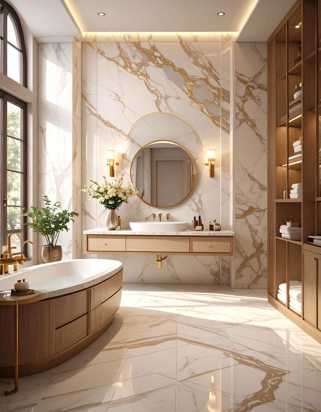 Bookmatched Marble Wall Bathroom - 30 marble bathroom ideas